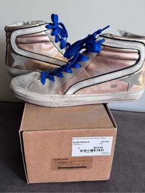Golden Goose Metallic Pink High-Top Sneakers with Bright Blue Laces